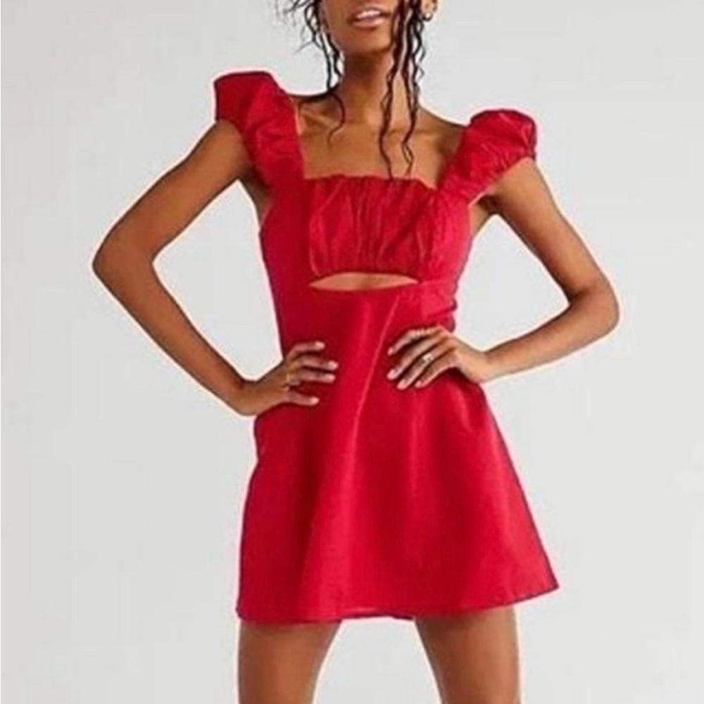 Free people Bom Bom island mini red Square-Neck Mini Dress with Puff Sleeves XS